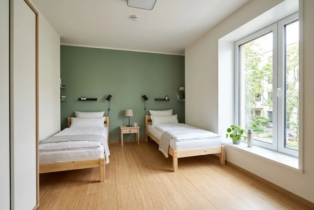 Beispielvisualisierung: zwei getrennte Einzelbetten im hellen Zimmer mit grüner Wand