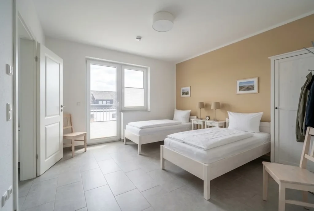 Beispielvisualisierung: helles Zimmer mit getrennten Einzelbetten