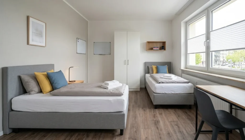 Beispielvisualisierung: Zweibettzimmer mit getrennten Betten und Arbeitsplatz