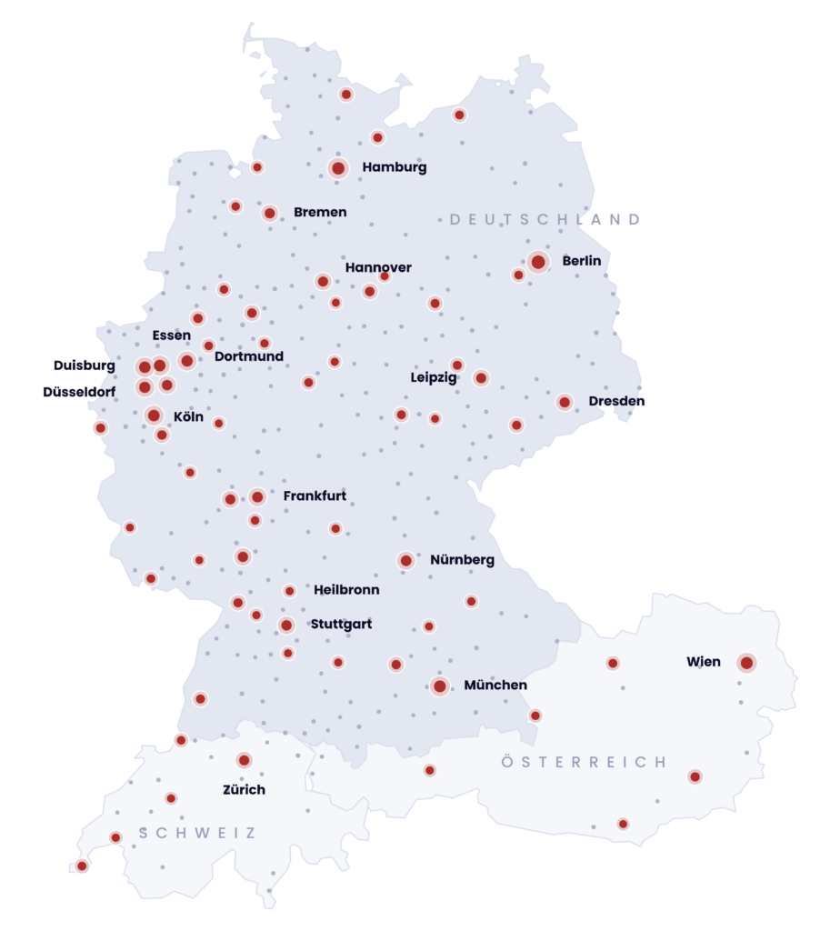 Karte der Mihalca-Homes-Standorte und Partnerunterkünfte in Deutschland, Österreich und der Schweiz