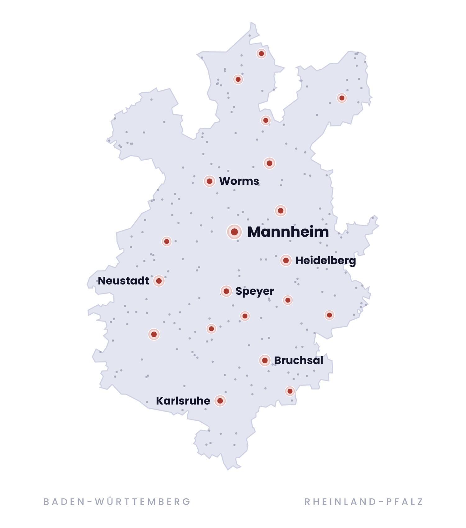 Regionalkort over Mannheim og omegn med Worms, Heidelberg, Speyer og Karlsruhe