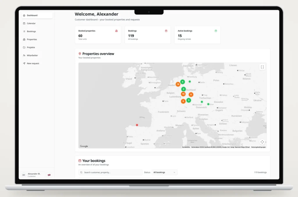 Kundenportal von Mihalca Homes: Dashboard mit Karte aller gebuchten Unterkünfte