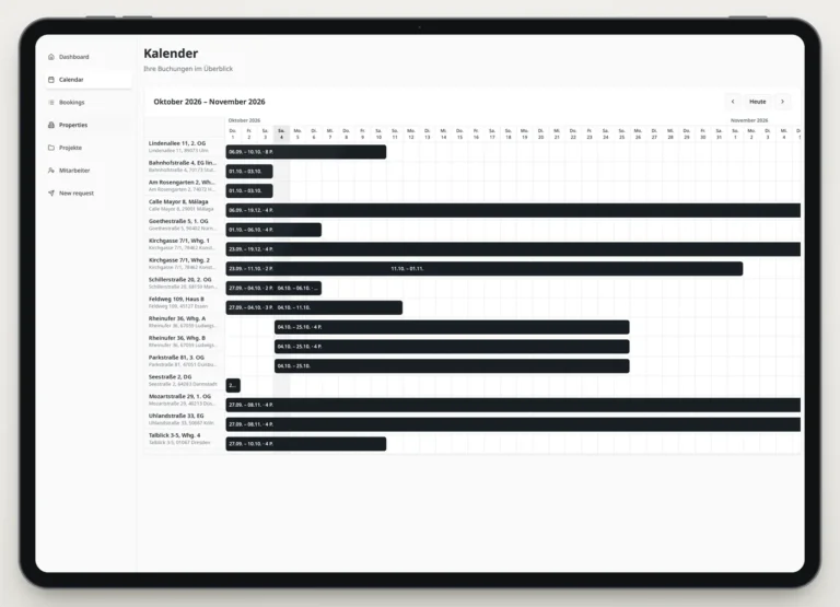 Kundenportal von Mihalca Homes: Kalenderansicht aller Buchungen